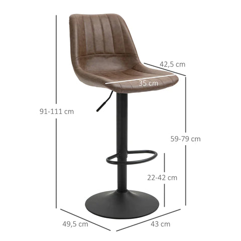 Rootz Bar Stool - Set Of 2 - In Retro Design - With Footrest - Height Adjustable - Faux Leather - Steel - Brown - 43 cm x 49.5 cm x 111 cm