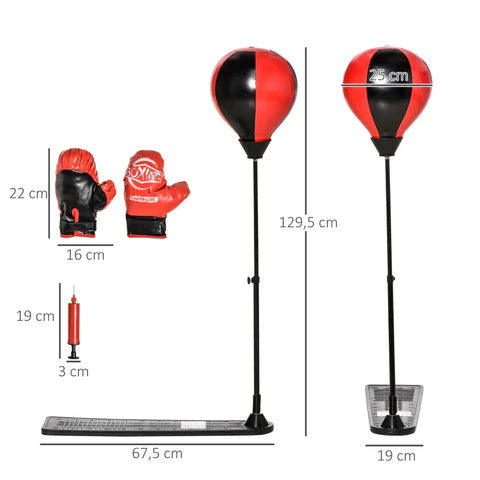 Rootz Punching Ball - Inflatable Punching Ball - Boxing Stand For Children - Adjustable Shaft - Inflatable Pump - Gloves - Black + Red - 67.5 cm x 19 cm x 129.5 cm
