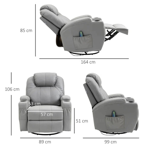 Rootz Massage Chair - Footrest - 2 Cup Holders - 8 Vibration Points - 5 Modes - Including Remote Control - Faux Leather - Light Gray - 89L x 99W x 106Hcm