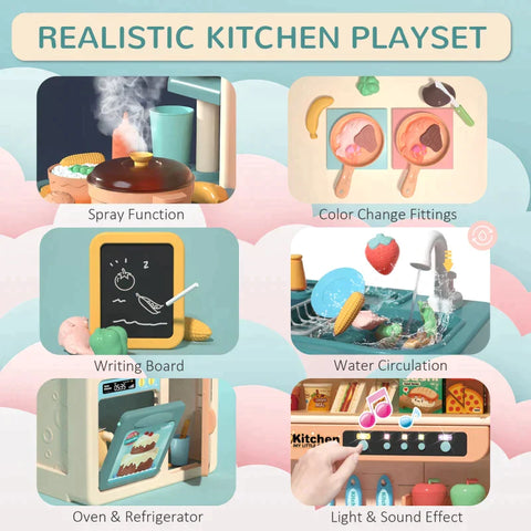 Rootz Children's Kitchen with Accessories - Play Kitchen - Kitchen Toys - Misting Water Spray - Lights - Music Functions Toy Set - Beige/Green - 70 x 32 x 92.2 cm