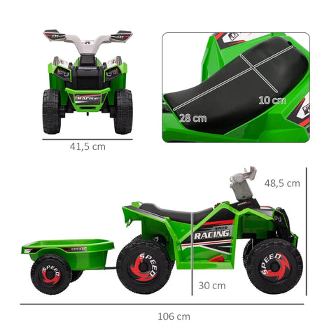 Rootz Electric Vehicles - Children's Quad - Rechargeable - 2.5 Km/h - Trailer - 50 Min Travel Time - Children 1.5 To 3 Years - Plastic - Green - 106L x 41.5W x 48.5H cm