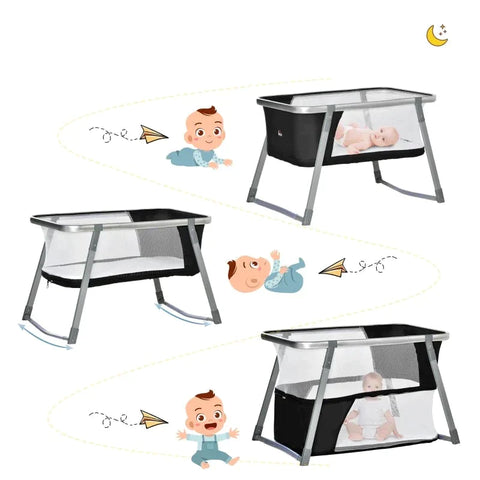 Rootz Baby Cot - Travel Bed - Baby Cradle - Playpen - Foldable - With Mattress - Aluminum/Steel/Mesh/Plastic - Black+White - 99.5 x 60.4 x 65cm