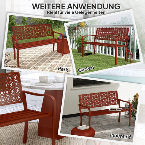 Rootz 2-Seater Outdoor Bench - Steel Garden Bench - Park Bench - Cut Backrest - Weather-Resistant - 127cm x 63cm x 85cm - Red