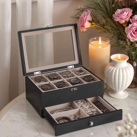 Rootz 8 Compartment Watch Box - Clock Box - Jewelry Organizer - Solid Wood & Glass - Ebony Black - 19 x 27 x 12.5 cm