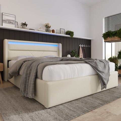 Rootz Functional Double Bed - LED Lighting Bed - Storage Bed - Hydraulic Storage - 202cm x 146cm x 107.5cm