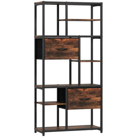 Rootz Storage Shelf - Bookcase - Freestanding Organizer - 2 Fabric Drawers, 9 Compartments, Sturdy Steel Frame, Rustic Brown+Black, 72.5x30x150 cm
