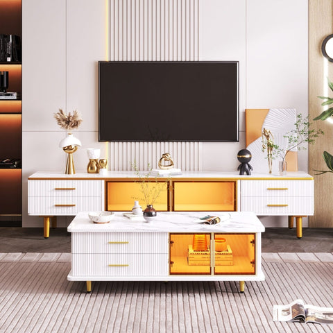 Rootz Marble-Look TV Cabinet - Media Console - Entertainment Unit - Spacious Storage - 170L x 37W x 47.5H cm