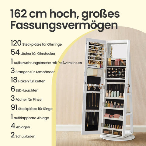 Rootz Jewelry Cabinet - Frameless Full Body Mirror - MDF Organizer - Spacious Storage - 54.5 x 54.5 x 162 cm