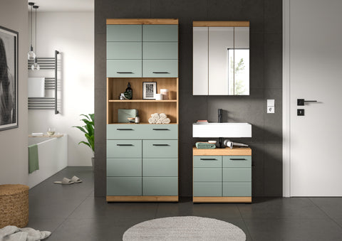 Rootz Bathroom 3-Piece Set - Vanity Unit - Tall Cabinet - High-Quality MDF - 149x191x34 cm - Brown & GreenFinish