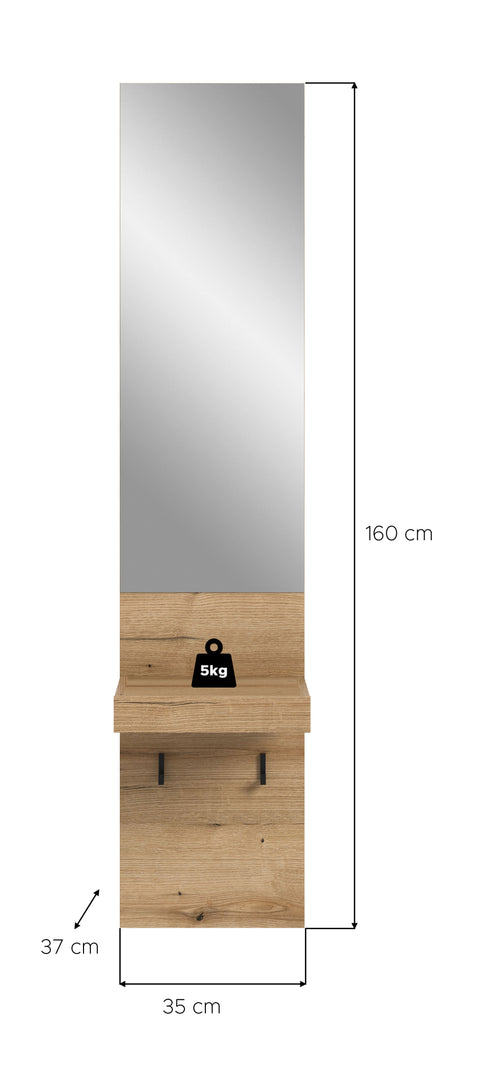 Rootz Wardrobe/Mirror Panel - Coat Rack - Wall Mount Entryway Storage - Easy Installation - 35 x 160 x 37 cm -  Brown Replica
