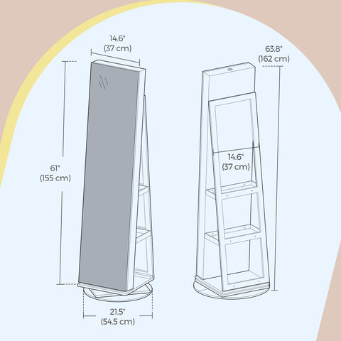 Rootz Jewelry Cabinet - Frameless Full Body Mirror - MDF Organizer - Spacious Storage - 54.5 x 54.5 x 162 cm