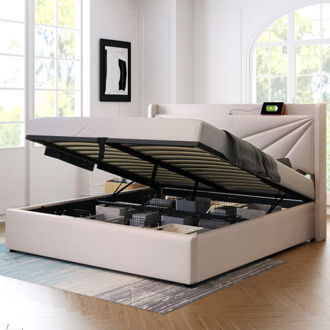 Rootz Double Bed with Storage - Linen Bed - USB Charging - Ample Storage - 208L x 186W x 107H cm