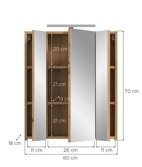 Rootz Mirror Cabinet - Bathroom Storage - Illuminated Cabinet - Easy Assembly - 60x70x18 cm