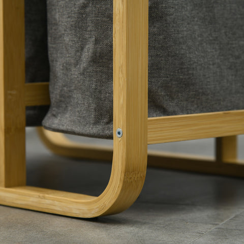 Rootz Bamboo Laundry Basket - Clothes Hamper - Storage Organizer - 3 Pull-Out Bags - 49W x 33D x 70H cm - Grey, Brown