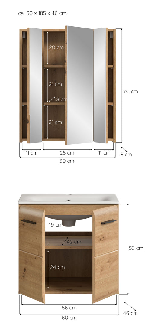 Rootz 3 Piece Bathroom Set - Vanity Unit - Mirror Cabinet - Space-Saving Design - Brown - 60x185x46 cm