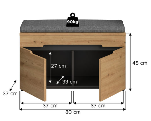 Rootz Entryway Bench - Hallway Seating - Storage Bench - Includes Grey Seat Cushion - 80x45x37cm