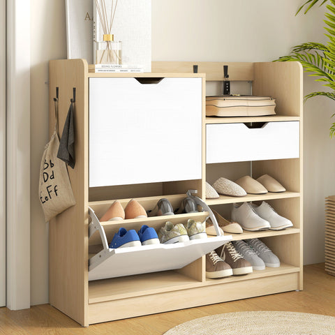 Rootz Shoe Cabinet - Hallway Organizer - Tipping Drawer Unit - Holds 14 Pairs - Brown & White - 93cm x 30cm x 90cm