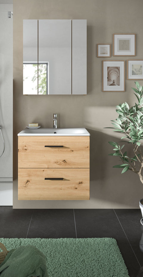 Rootz 3-Piece Bathroom Combination - Vanity Set - Mirror Cabinet - Space-Saving Solution - 60x185x46 cm Brown Finish