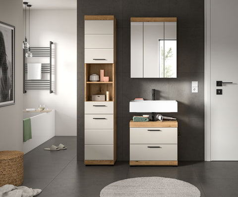 Rootz 3-Piece Bathroom Set - Vanity Unit - Mirror Cabinet - Durable MDF - 112 x 191 x 34 cm - Evoak Oak & Cashmere Finish