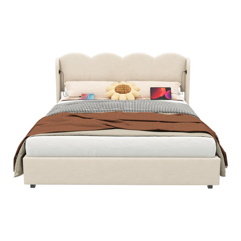 Rootz Double Bed with Wavy Headboard - Upholstered Bed - Velvet Bed - LED Lights & Storage - 205L x 168B x 96H cm - Brown