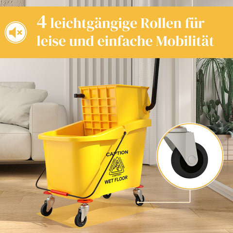 Rootz 36L Wheeled Cleaning Bucket - Mop Trolley - Mop Caddy - Quick Wring Efficiency - 55cm x 37cm x 65cm
