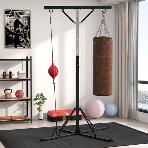Rootz Boxing Stand - Punch Bag Stand - Speedball - Height Adjustable - Reinforced Stability - Black Steel - 160cm x 145cm x 175-220cm