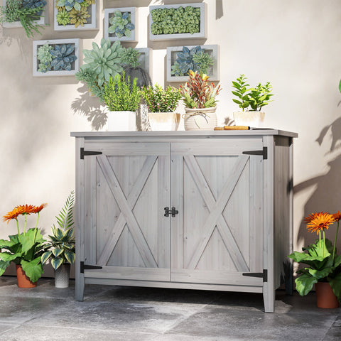 Rootz Wooden Garden Cabinet - Outdoor Storage Unit - Weatherproof Tool Shed - Barn Design -  Grey - 110cm x 60cm x 88.5cm