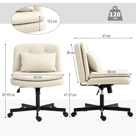 Rootz Armless Office Chair - Swivel Office Chair - Desk Chair with Rollers - Height Adjustable & White- 63cm x 67cm x 83-93cm