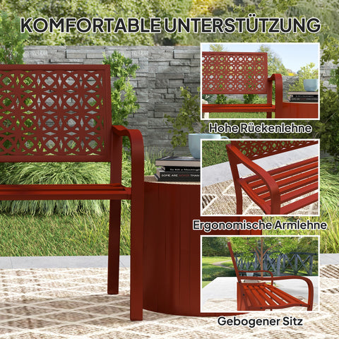 Rootz 2-Seater Outdoor Bench - Steel Garden Bench - Park Bench - Cut Backrest - Weather-Resistant - 127cm x 63cm x 85cm - Red