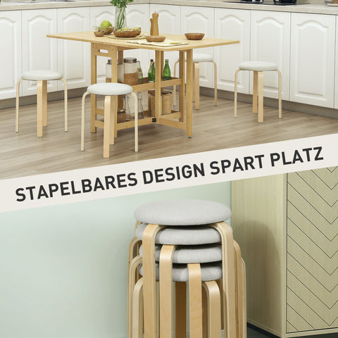 Rootz 4-Set Upholstered Stool - Stackable Stools - Space-Saving Seating - Birch Legs - White - Ø40 x 45H cm