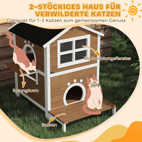 Rootz Outdoor Cat House - Weatherproof Cat Shelter - 2 Story Cat Home - Removable Floor - 66x66x90cm