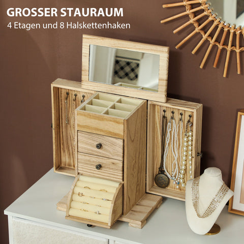 Rootz Jewelry Box - Organizer - Storage Case - Integrated Mirror - Paulownia Wood, Brown - 26.5cm x 16cm x 33.5cm