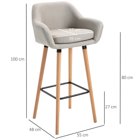 Rootz Modern Bar Stools Set of 2 - Contemporary Kitchen Chairs - Beech Wood Legs - Breathable Fabric - Beige - 55cm x 48cm x 100cm