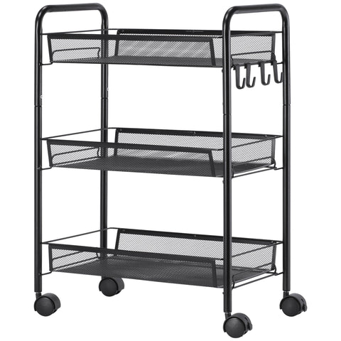 Rootz 3-Tier Trolley with Baskets - Rolling Cart - Storage Cart - Compact Storage - 45 x 26.5 x 63 cm - Smooth Mobility
