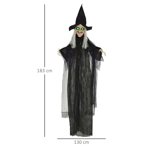 Rootz Halloween Witch Decoration - Spooky Witch Prop - Motion Sensor Activated - LED Eyes - Adjustable Arms - 130cm x 18cm x 183cm - Polyester, PE, Steel