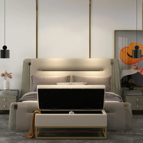 Rootz Storage Bench - Decorative Button Stitching - Flannel Look - Gold Steel Legs - Beige - 110 x 47 x 46.5 cm