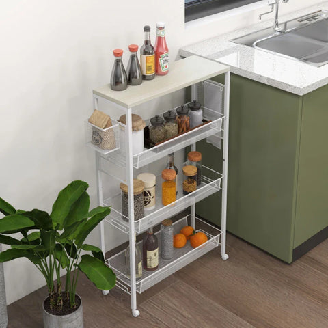 Rootz Niche Trolley - Multi-purpose Trolley - Kitchen Trolley - 3 Shelves - Hooks - Chipboard - White - 58 cm x 18.5 cm x 87 cm