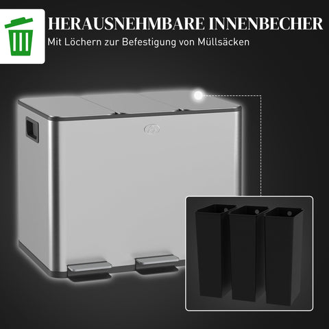 Rootz Trash Can 3 x 20L - Recycling Bin - Waste Separator - Odor Control - Soft Close, Removable, Silver, 61.9x36.6x56.7cm