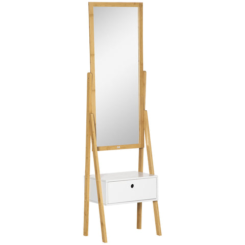 Rootz Freestanding Mirror with Drawer - Dressing Mirror - Storage Mirror - Bamboo MDF - 45L x 30W x 160H cm