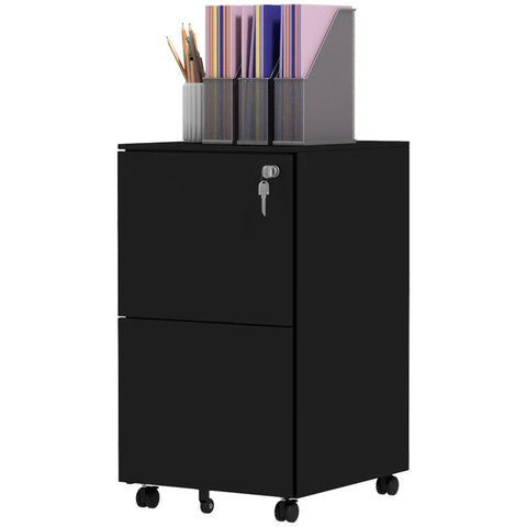 Rootz Rolling Container - Filing Cabinet - 2 Drawers - Lockable - Rollable - Pre-assembled Body - Black - 37 cm x 43.5 cm x 67.5 cm