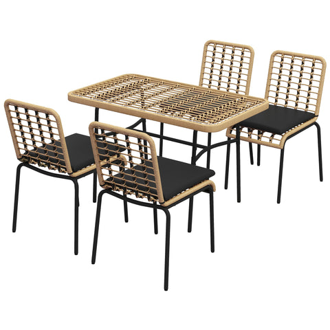 Rootz 5-Piece Rattan Garden Furniture Set - Patio Dining Set - Outdoor Table and Chairs - Cushioned Comfort - Table: 120x70x74cm, Chairs: 50x62x86cm