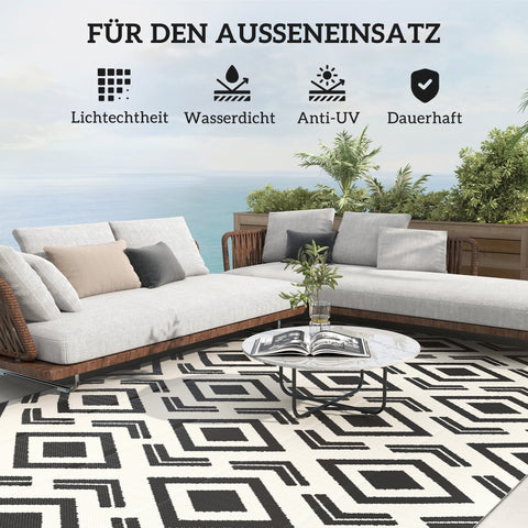 Rootz Outdoor Carpet - Weatherproof Boho-Style Rug - Foldable Balcony Mat - Easy to Clean - 182 x 274 cm - Black & White