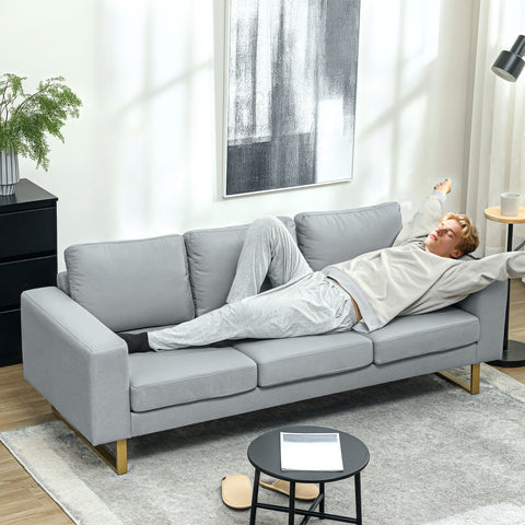 Rootz 3-Seater Sofa - Couch - Grey Upholstery - Solid Wood Frame - Metal Legs - 200L x 82B x 78H cm