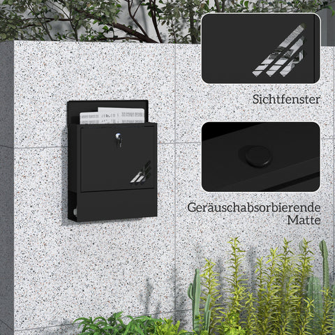 Rootz Black Mailbox with Viewing Window - Wall Mountable - Lockable - Rust & Weatherproof - 30cm x 8.5cm x 32.5cm
