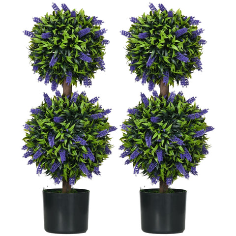 Rootz Set of 2 Artificial Lavender Trees - Indoor Outdoor Decor - Plastic Flowers - Cement Pots - No Maintenance - Ø15cm x 70cm