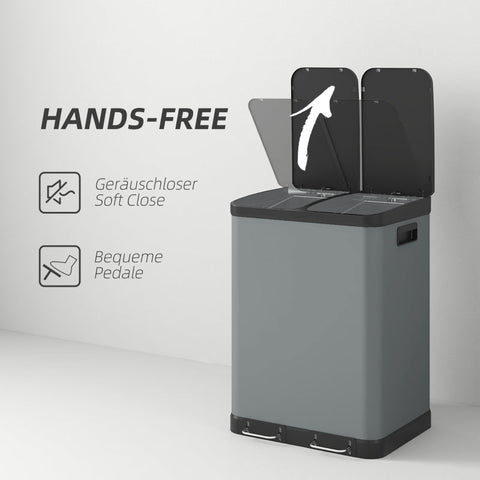 Rootz 30L Double Trash Can - Dual Compartment Waste Bin - Metal Housing - Fingerprint Resistant - Removable Inner Bins - 48.8cm x 39.5cm x 67cm