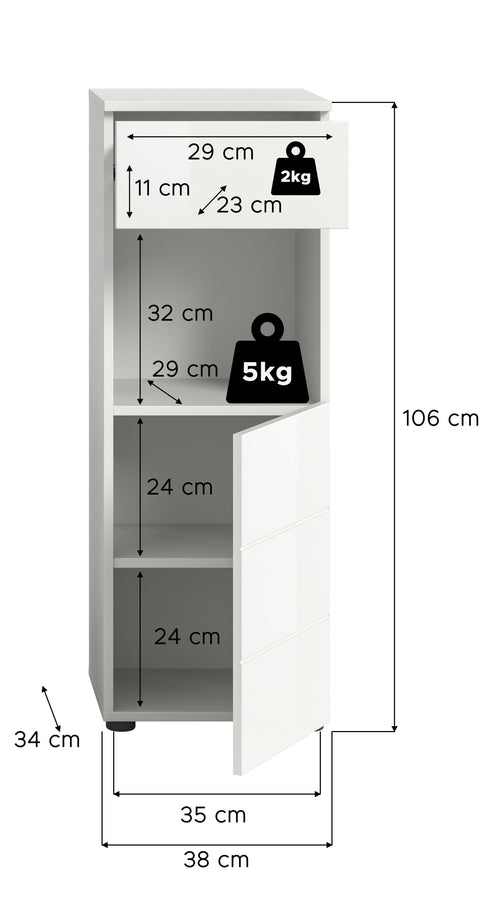 Rootz Freestanding Cabinet - Bathroom Storage Unit - White Gloss Cupboard - Sleek Design - 38x106x34 cm