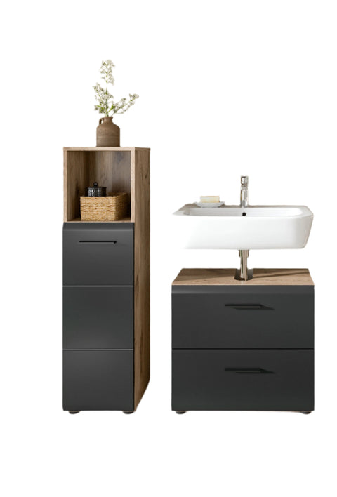Rootz 3-Piece Bathroom Set - Vanity Cabinet - Storage Solution - Space-Saving -Black and Brown - 105x185x30 cm