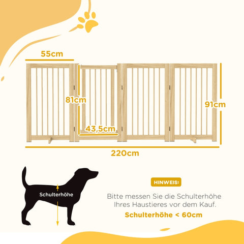 Rootz Dog Gate with Door - Wooden Pet Barrier - Solid Pine Wood - Free-Standing Design - Foldable Panels - 220cm x 36cm x 91cm