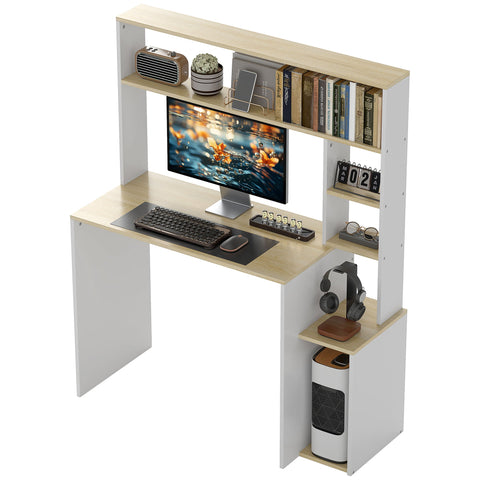 Rootz Computer Table Desk - Workstation - Office Table - Efficient Storage - Brown +White - 113cm x 45cm x 138.5cm